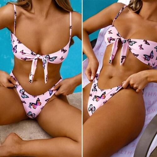 Womens Split Bikini Ladies Swimsuit Butterfly Print Knotted Swimsuit Set Pink