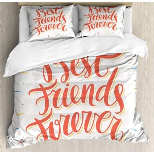 Best Friend Duvet Cover Set Cursive Inscription with Streaks Around 3 Piece Bedding Set Coral White