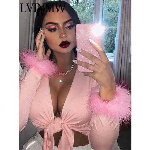 LVINMW Sexy Pink Cotton Cross Bow Tie V Neck Crop Top Autumn Winter Women Long Sleeve Fur Splice T shirt Female Party Club Tops