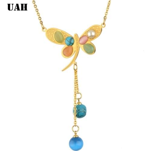 UAH Butterfly Statement Necklaces Pendants Woman Chokers Collar Water Drop Chain Stainless Steel Gold Filled Chunky Jewelry