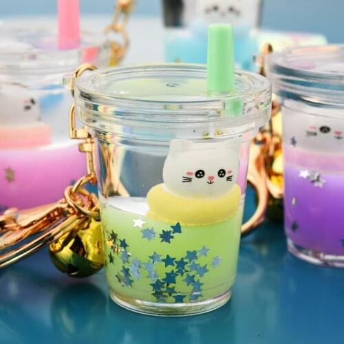 Cartoon Cat Milk Tea Floating Bottle Acrylic Key Chain Liquid Quicksand Into Oil Keyring Pendant Women Couple Backpack Keychain
