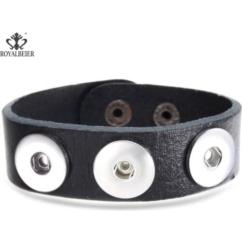 New Arrivals Male and Female Cuff Bracelet Punk Black Color Genuine Leather With 18mm Three Snap Button Bangle Wristband Jewelry
