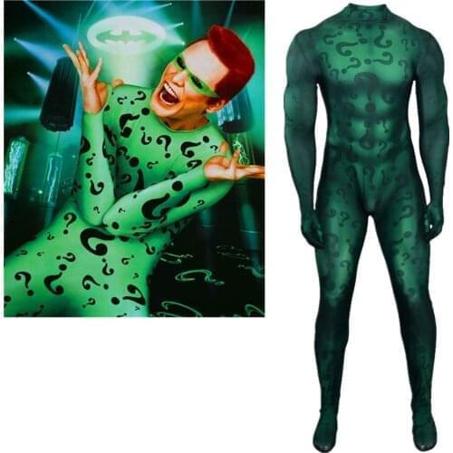 Bat man The Riddler Costume Cosplay Suit Gotham Halloween Costume Superhero Zentai Swimming Bodysuit 3D Print Jumpsuit/Bodysuit