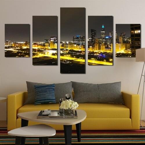 5pcs Canvas Printed Poster Prosperous Modern City Night View Golden Yellow Light Frameless Painting Living Room Decoration