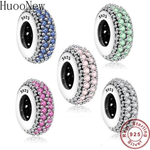 Fit Original Pandora Charm Bracelet 925 Sterling Silver Pink Zirconia Crystal Bead Spacer Rondelle Jewelry For Making Berloque