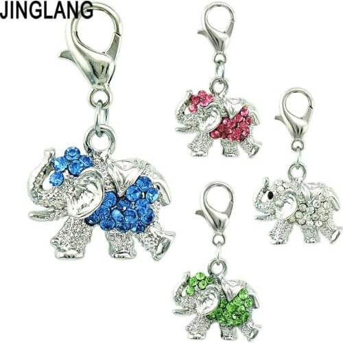 JINGLANG Wholesale Lobster Clasp Charms White Rhinestone Elephant Head Pendants DIY Charms For Jewelry Making Accessories
