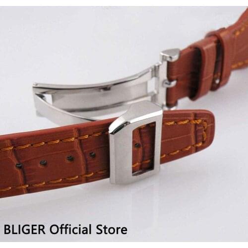 24MM Genuine Leather Strap Brown Calf Leather Watch Band Butterfly Buckle Stainless Steel Deployment Buckle For Mens Watch ST19