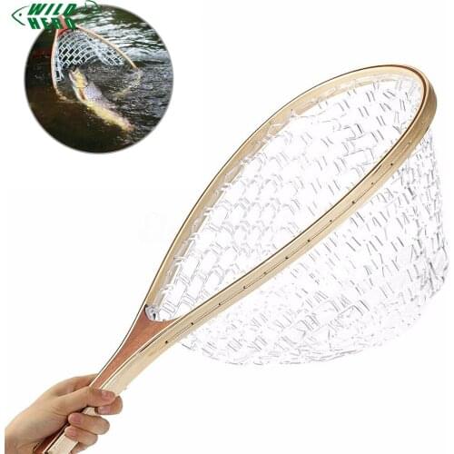Wildhero Wooden Handle Fly Fishing Landing Net Mesh Trout Rubber Catch Net With Hand Strap
