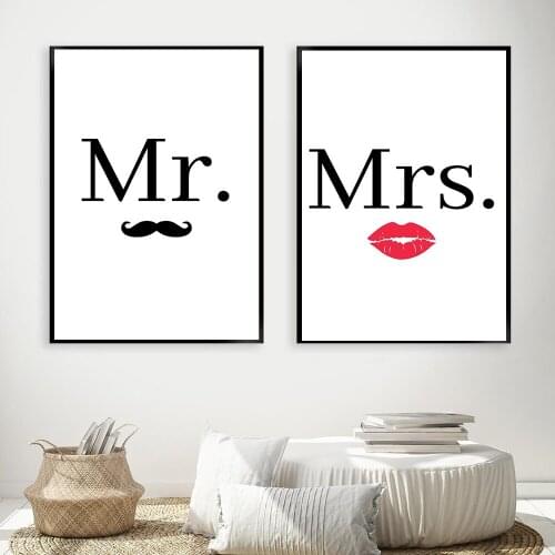 Mr Mrs Family Simple Quotes Wall Art Canvas Poster Minimalist Print Couple Anniversary Painting Pictures for Living Room Decor