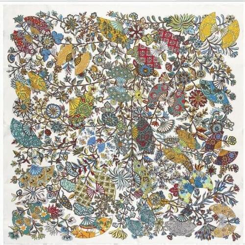 Luxury Brand Twill Silk Scarf Women Square Scarves Branches And Flowers Silk Scarf&Shawls Wraps Hijab 130*130CM