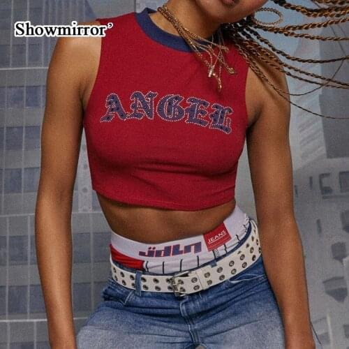 Showmirror 2021 Summer Red Camisole Sleeveless Cropped Top Round Neck For Slim Fit Sexy Hot Womens Party Night Clubwear