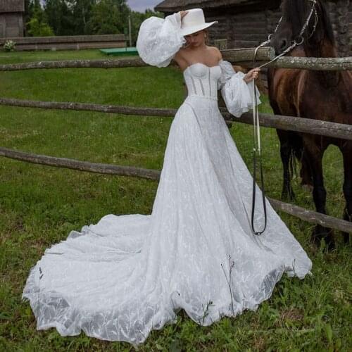 Modern Garden White Lace Bridal Wedding Dresses Strapless with Detachable Long Sleeves Wedding Gowns for Bride Corset Back 2021