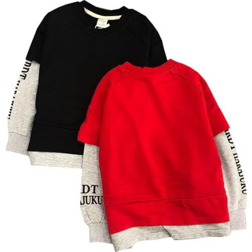 2021 Boy Spring Letter Spring and Autumn Childrens Fake Two-piece T-shirt Stitching color Trendy Kids Color Contrast Sweater