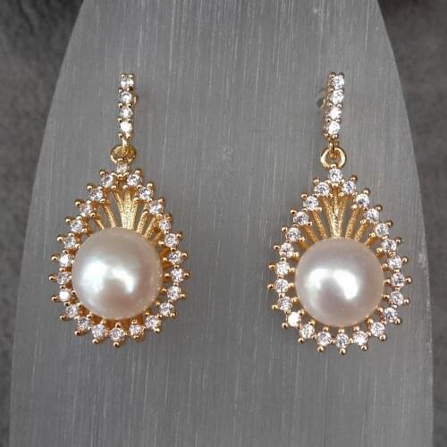 Y.YING Cultured White Pearl Cubic Zirconia Pave Teardrop Dangle Stud Earrings