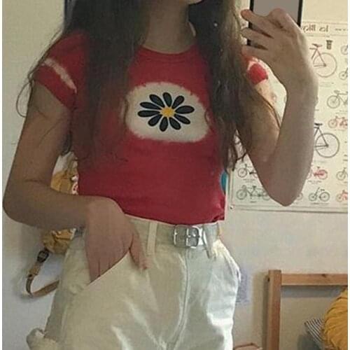 Summer Women Stylish O Neck Cotton Blend T-shirt Short Sleeve Color Block Blouse Planet/Floral Print Slim Crop Top for Female