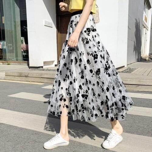 2021 New Spring And Summer Casual Elastic High Waist Mesh Skirt 2021 Fashion Match Streetwear Flocking Mujer Faldas