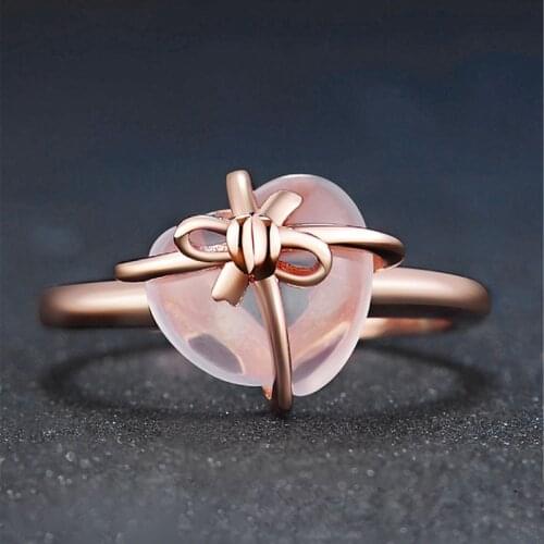 MOONROCY Drop Shipping Rose Gold Color Cute Sweet OL Ross Quartz Crystal Pink Opal Rings Heart Jewelry Wholesale for Women Girls