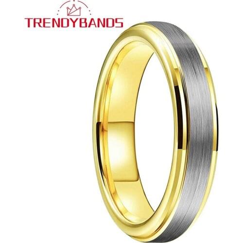 4MM Gold Wedding Band Mens Womens Tungsten Carbide Ring Brushed Finish Beveled Stepped Edges