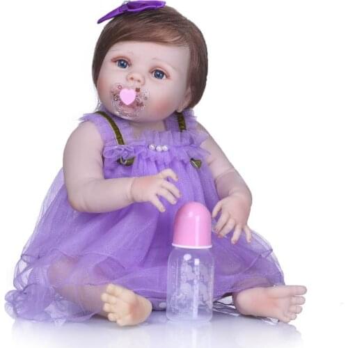 57cm New Pattern Full Vinyl Silicone Reborn Baby Dolls Girls Lifelike Vinyl Dolls In Purple Dress for Girls Toys Xmas Gifts