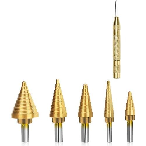 6Pcs HSS Titanium Coated Step Drill Bit with Automatic Center Punch Sheet Metal with Aluminum Case CNIM Hot