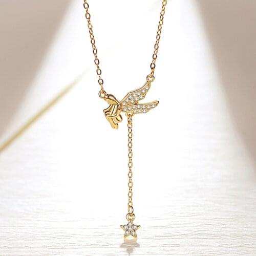 925 Sterling Silver Crystal Angel Tassel Star Charm Necklace For Women Creative Pendant Elegant Jewelry dz645