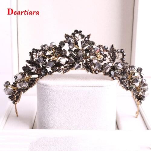 Baroque Handmade Black Crystal Beads Bridal Tiaras Crown Rhinestone Diadem Pageant Veil Tiara Wedding Hair Accessories