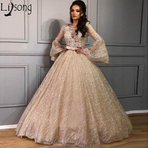 Shiny Lace Ball Gown Prom Dresses 2020 New Glitter Tulle Puffy Arabic Evening Dress Long Sleeve Special Occasion Pageant Gowns