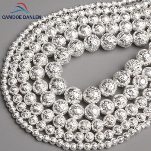 Natural Rock Stone Bright Silvery Lava Volcanic Round Loose Beads 5 6 8 10 12 MM Diy Beads Jewelry Making Free Shipping