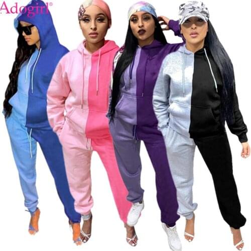 Adogirl Color Patchwork Hoodies Two Piece Set Casual Long Sleeve Hooded Pullover Top Pencil Pants Suit Autumn Winter Clothes