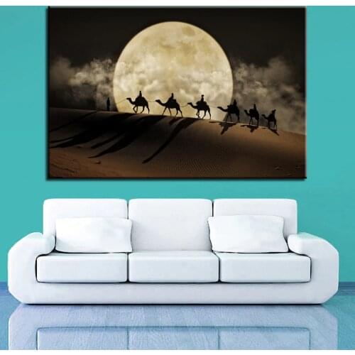 Canvas Posters Wall Art 1 Piece/Pcs Camel Team Paintings HD Prints Full Moon In Desert Pictures Home Decor Living Room No Framed