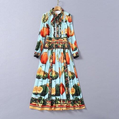 And American womens European wear 2021 winter new style Long sleeve bow Fashion pleated dress with beaded pumpkin print
