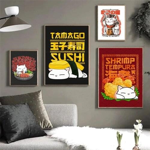 Japanese Cuisine Canvas Paintings Cute Cat Pictures Food Wall Art Animal HD Printed Modular Poster for Living Room Home Decor