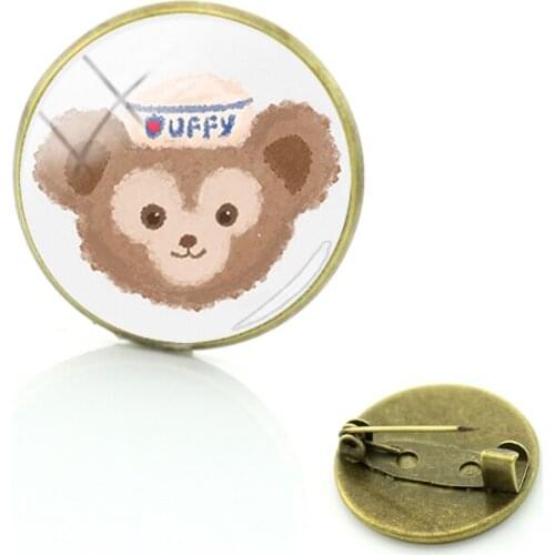Disney Cute Brooch Duffy And Shirley Head Cartoon Plush Doll Picture Round Glass Fashion Charm Brooch Pin Vintage Jewelry