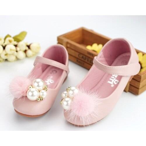 Cute toddlers baby girls rabbit fur pompom shoes for children kids leather single shoes girls princess shoes