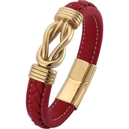 Fashion Men Jewelry Red Leather Hand Bracelets Irregular Winding Graphic Gold Stainless Steel Magnet Clasp Wristband Male PD0769