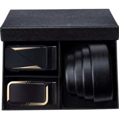 Belt Set for Men Black Cowhide Belt Gold Slide Ratchet Buckle Waist Strap Big Square Buckle for Jeans Suit Pants Gift Barry.Wang