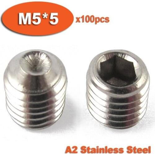 100pcs DIN916 M5 x 5 A2 Stainless Steel Screw Cup Point Hexagon Hex Socket Set Screws