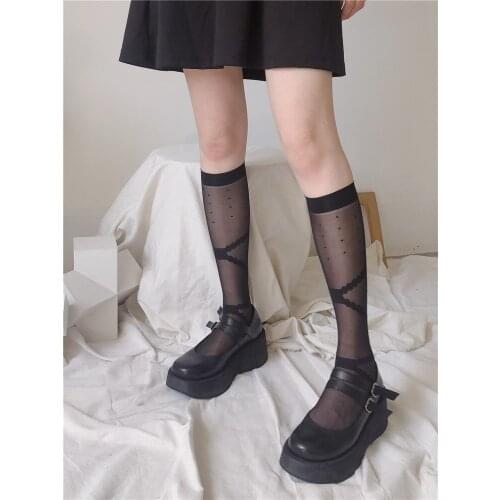Summer Socks Female Japanese Jk Tube Socks Bow Cross Long Silk Socks Stockings Thin Calf Socks Cute Soft Girl Black Stockings