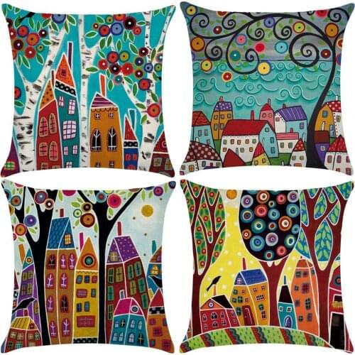 New Style Fashion Colorful Pillow Cover Cartoon Country Painted Pattern Flax Square Waist Throw Pillow Cover for Sofa Room Cafe