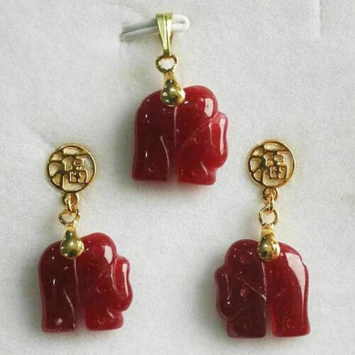 Natural Red Jade Carved Elephant Pendant 18K GP Necklace Earrings Set AAA j14