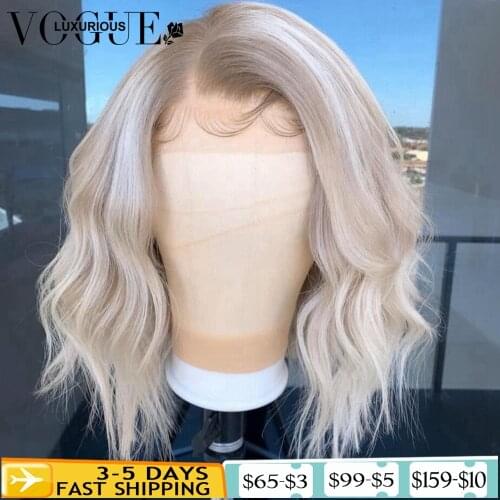 Short Wavy Platinum Blonde Highlight Wig Human Hair Brazilian Curly Human Hair Wig Preplucked Ombre Lace Front Wigs For Women
