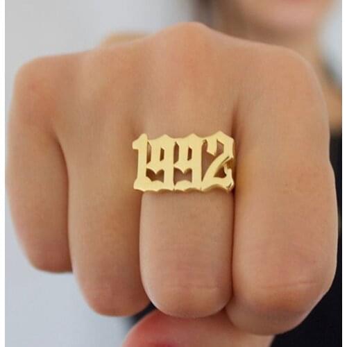 QIAMNI Date Of Birth Year Number Rings for Women Men 1980 to 2001 Old English Font Adjustable Couple Ring Anel Anillos Mujer