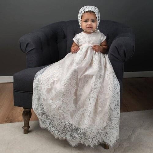 Heirloom Luxury Infant Girls Baptism Dress Christening Gown Lace Short Sleeves Baby Girls Boys Long Christening Gown 0-24M