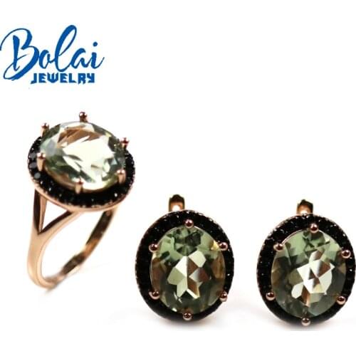 Oval 10*12mm natural green amethyst jewelry set 925 sterling silver jewelry ring earring for women daily wear nice gift