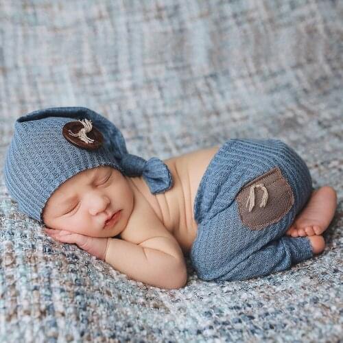 Newborn Long Tail Cap Pant 2 Piece Set Knitted Baby Girl Boy Outfit Sleepy Hat with Wooden Button Suit Infant Photography Prop