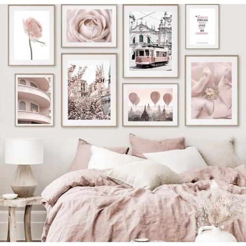 Light Pink Peony Rose Building Tram Retro Wall Art Canvas Painting Nordic Posters And Prints Wall Pictures For Living Room Decor