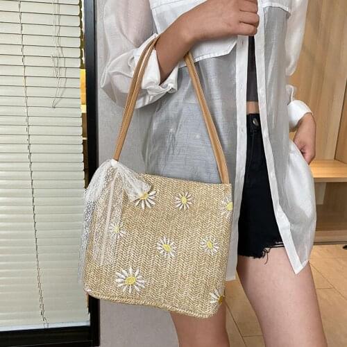 Woven Bags Womens Fashion Scarves Woven Shoulder Bag Daisy Floral Handbag Beach Bag Crossbody Bags