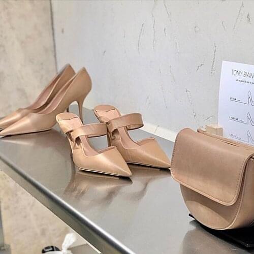 Celebrity temperament, pointed thin heels, high-heeled fashion Mules, nude colored Baotou leather semi-slippers summer sandals