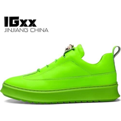 IGxx Casual Shoes For Men Glitter Punk Metal Casual Shoes Mens Flats Genuine Leather Travel Drive Shoes Men Elevator Green