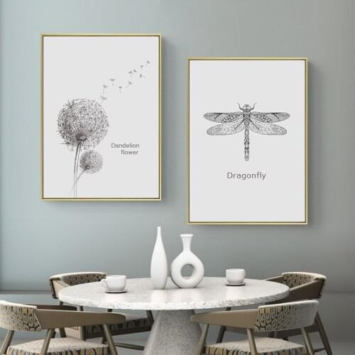 Vintage Black White Poster Dandelion Dragonfly Canvas Painting Nordic Wall Art Poster and Print Pictures for Living Room Decor